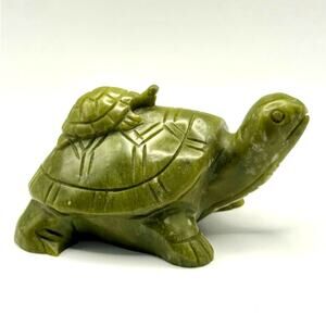 Hand Carved Green Stone Turtle Figurine Jade Style Feng Shui Decor
